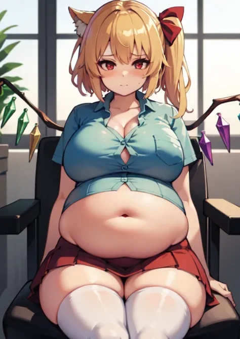 (masterpiece, best quality), 1girls, big belly, huge belly, art by kipteitei, round belly, chubby, curvy, white button-up shirt, skirt, thighhighs, belly grab, enormous belly, fat belly, thicc, bigger belly, sitting on chair, really big belly, jiggly belly...