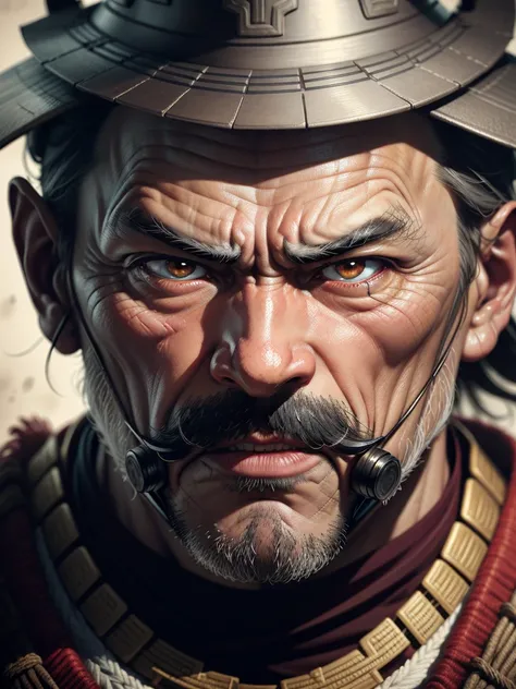 Realistic ultra HD close-up portrait，A samurai wearing a war mask, Wrinkles ,Facial expressions show strong emotions, 1man with mustache