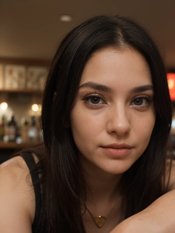 ((1girl)), Solo, (((Very detailed face)))), ((Very detailed eyes and face))), a beautiful girl with dyed black straight hair waiting at a bar wearing her favorite sports team colors black and orange. Wearing gold jewelry Shes looking at the television favo...