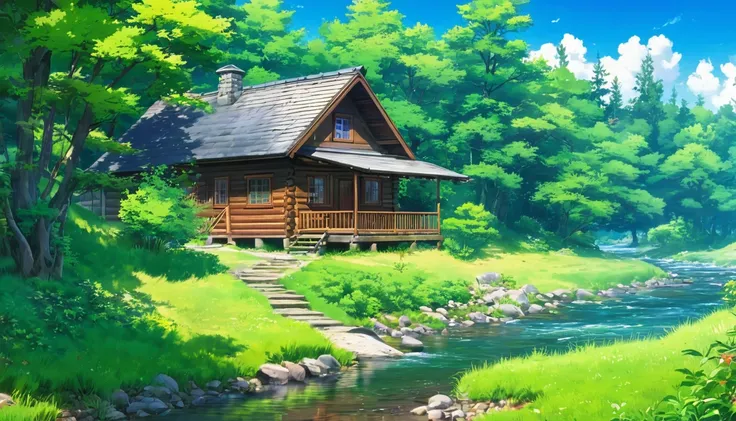 anime scenery,Painting of a cabin in the woods by a river,