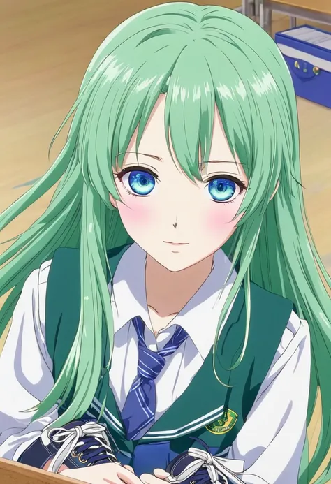 An anime girl named Shizuki Motori has blue eyes, long green hair, school clothes, and school shoes 