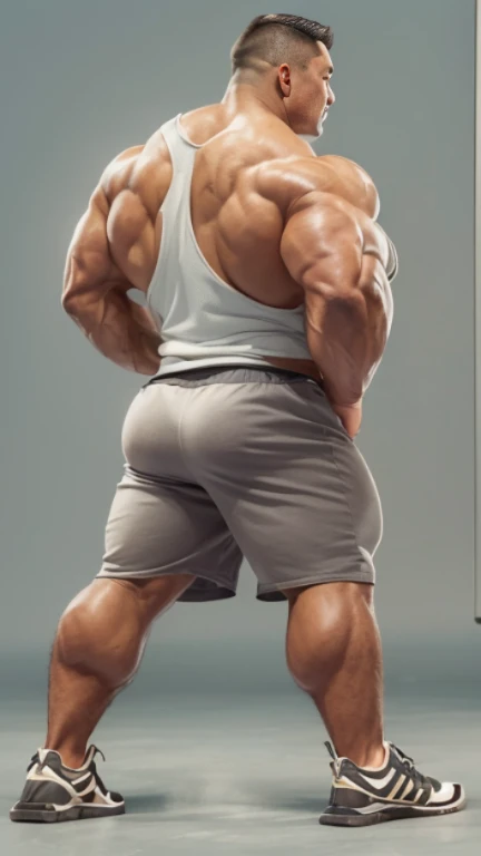 (one or two bodybuilders:1.4), (back view:1.4), (tank top:1.4), (at gym locker room:1.4), 40s, Japanese man, Chinese man, Korean man, Taiwanese man, manly face, fat face, (round face:1.4), (monolid eyes:1.2), (buzz cut:1.4), very large and strong body, bul...