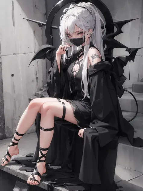 Masterpiece, best quality, high quality, ultra detailed, 1girl, looking at viewer, white hair, gray eyes, black lipstick, black shirt, sitting on a white floor, demon girl, gothcore, 1 7 - year - old, goth girl, japanese gothic, gothic punk style, black me...