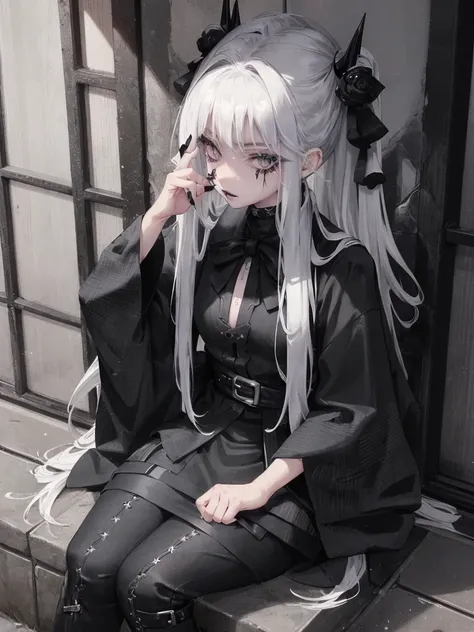 Masterpiece, best quality, high quality, ultra detailed, 1girl, looking at viewer, white hair, gray eyes, black lipstick, black shirt, sitting on a white floor, demon girl, gothcore, 1 7 - year - old, goth girl, japanese gothic, gothic punk style, black me...