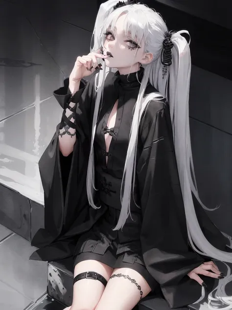 Masterpiece, best quality, high quality, ultra detailed, 1girl, looking at viewer, white hair, gray eyes, black lipstick, black shirt, sitting on a white floor, demon girl, gothcore, 1 7 - year - old, goth girl, japanese gothic, gothic punk style, black me...