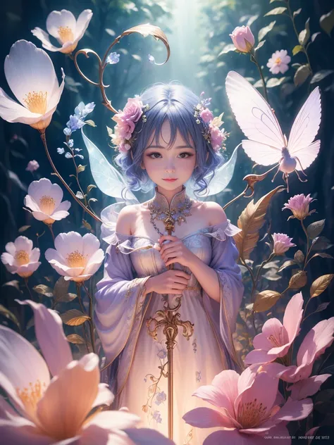 beautiful transparent flower fairy baby, transparent colorful feathers, the cane waving in the wind､The cane shone in the starlight，golden cane，Beautiful blue sky and white clouds、the girl has transparent wings､smile gently､Beautiful garden background､gent...