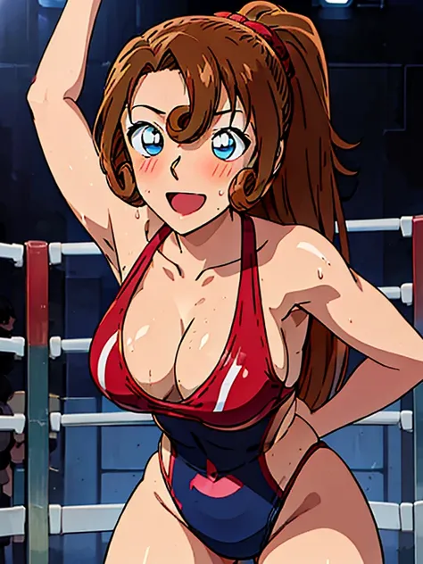 ((Best quality)), ((masterpiece)), ((anime style)), ultra detailed face, ((1 girl)), female wrestler, competition swimsuit, ((wrestling ring)), long hair, mature, milf, 30s, sweaty armpit, very sweaty, standing, victory pose, looking at viewer, highleg, sm...