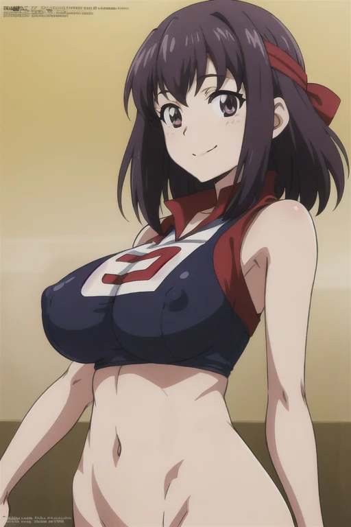 kondou taeko, breasts,sportswear, large breasts, huge breasts,red headband, sleeveless, navel,midium hair,
(best quality, masterpiece, megami magazine,ultra-detailed:1.2, Sharp, anime cels), 1girl,solo,looking at viewer,smile, (perfect detailed anatomy, pe...