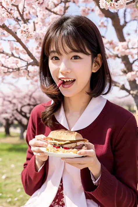 A woman eating a delicious lunch under a cherry blossom tree