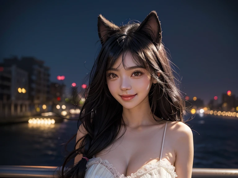 black hair, hair shaking, wince, long eyelashes, solid round eyes, fake animal ears, light smile, ear blusher, canine, With the city night view in the background, surrealism, shadow, Anaglyph, stereoscopic view, tachi-e, throw, atmospheric perspective, 8 t...