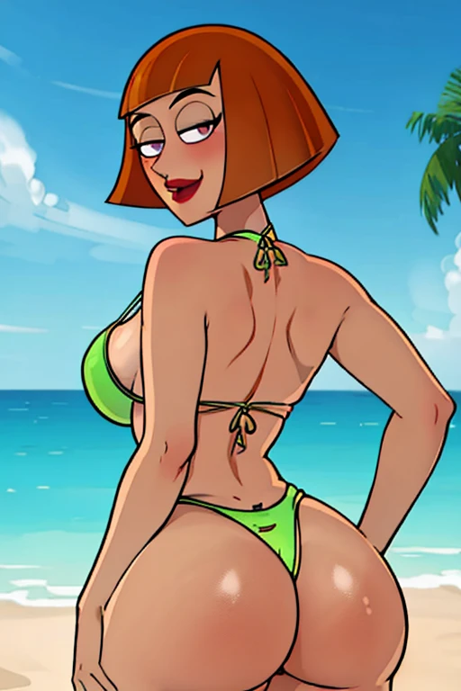 Danny Phantom, 1 girl, amity park, orange hair, large breasts, big ass. from behind, bikini, sunscreen, lotion