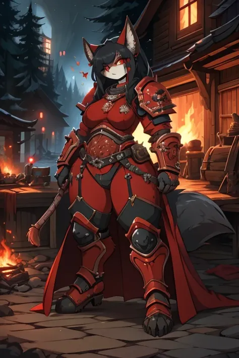 Female Furry cat+red eyes black hair with red-scarlet tips of hair tall, a little plump+ in black knights armor face covered in blood face gloomy and serious+in the forest, one fire, dead demons lie on the ground+smoke from the fire+anime, 
huge muscled fu...