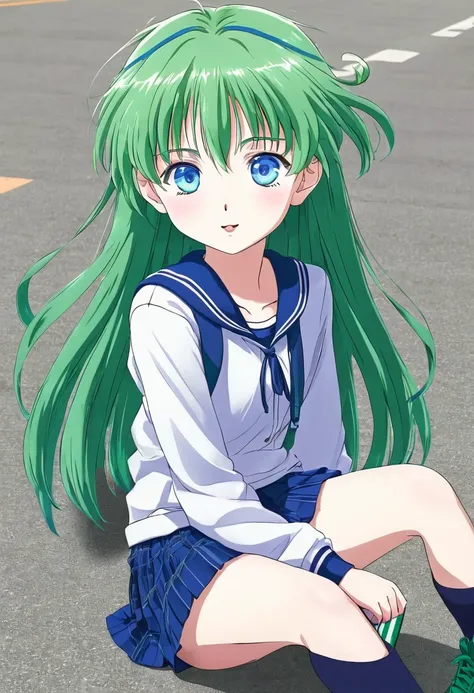 An anime girl with blue eyes, long green hair, school clothes and school shoes with Killua 