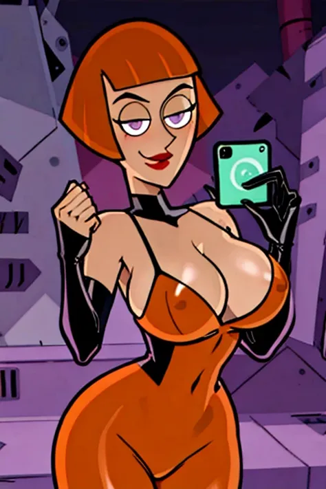 Danny Phantom, 1 girl, amity park, orange hair, large breasts, horny, selfie, snapchat, latex bodysuit, cleavage