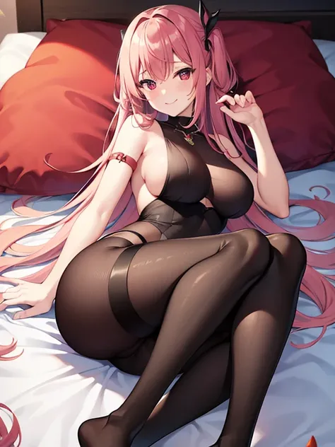 (masterpiece), best quality, expressive eyes, perfect face,long pink hair , red eyes, big tits, sexy, naked, (sleeping on a big bed), (smiles mischievously)