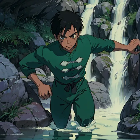 Donald glover as rock lee, training under a water fall, blood dropping from his hand wraps, 