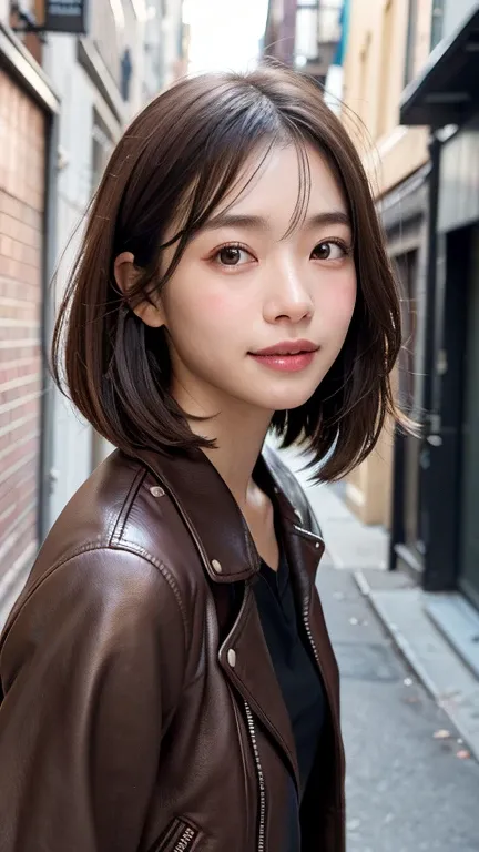 (((Shoulder-length straight brown hair mini bob)))、(((目が細くlight eye makeup)))、(((standing alone on the rider&#39;Leather jacket against the backdrop of a New York alley at night.)))、(((Please come wearing clothes that cover your arms.)))、Half Japanese and ...