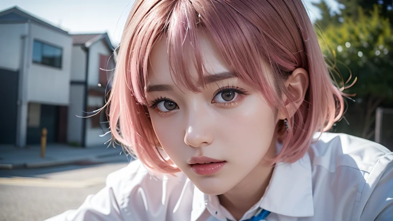 (short hair, pink hair:1.2),(wearing formal clothes:1.2),1 girl,Japanese,21 years old,(small breasts:1.3),(highest quality,masterpiece:1.3,超A high resolution,),(Super detailed,caustics),(Photoreal:1.4,RAW shooting,)ultra-realistic capture,very detailed,Hig...