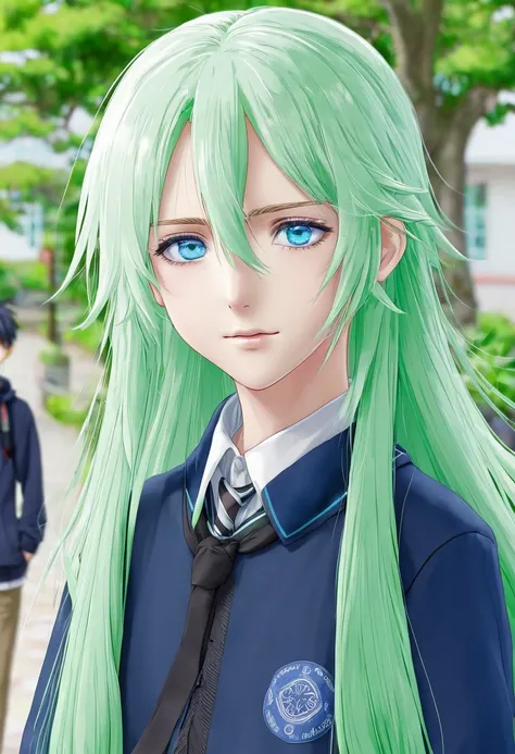 An anime girl with blue eyes, long green hair, and school clothes with a boy who has short white hair and blue eyes 