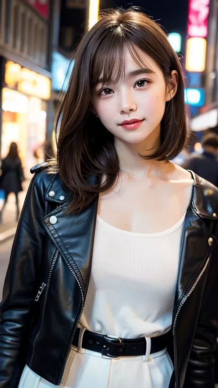 (((Shoulder-length straight brown hair mini bob)))、(((目が細くlight eye makeup)))、(((standing alone on the rider&#39;Black leather jacket with the backdrop of a nighttime Kabukicho alley.)))、(((Please come wearing clothes that cover your arms.)))、Half Japanese...