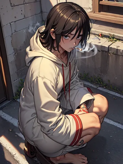 (​masterpiece、top-quality、hight resolution、Unity 8k、extremely details CG:1,Best Picture)、(((from above、pov、Smoking cigarettes、Beggar)))、 ((skinny、hoodie、Dirty clothes、Shaggy hair、sleeves rolled up、squatting、Cheap tattoos))、nsfw、alleyway