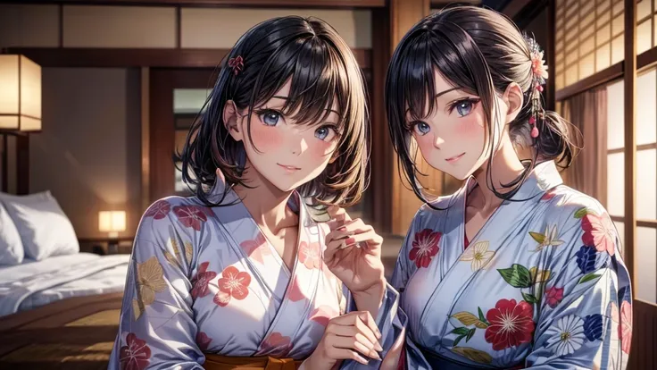 best quality、limbs intact、Full finger、1 beautiful woman、Beautiful plump woman:1.3、Brunette woman、Straight-haired woman、((woman wearing yukata in hotel:1.5))、Japanese-style rooms at the hotel、futon、Smile