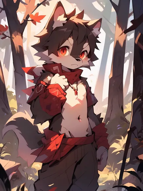 A red and white young wolf beast，Bare belly，Standing in the maple forest