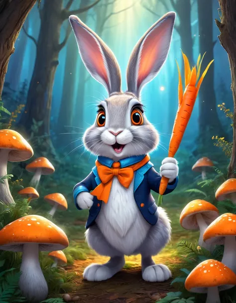 A grey and white hare with orange carrot in his hand, fable character in American animated cartoon style, vibrant color, ultrasharp and crisp illustration, with longer ears, looking surprised, in an enchanted forest background with magical glowing mushroom...