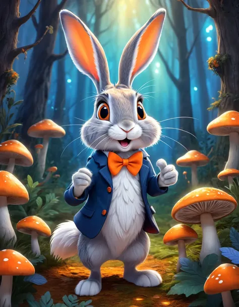 A grey and white hare with orange carrot in his hand, fable character in American animated cartoon style, vibrant color, ultrasharp and crisp illustration, with longer ears, looking surprised, in an enchanted forest background with magical glowing mushroom...