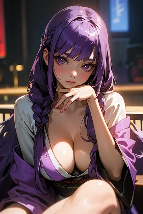 1 girl, dull bangs, Braid, wide sleeve, hair ornaments, kimono, red obi, (purple hair:1.2), very long hair, straight hair, looking at the viewer, highly detailed background, (realistic:1.2), fine eyes, red eyeshadow, written boundary depth，thigh, (Ulzzang-...