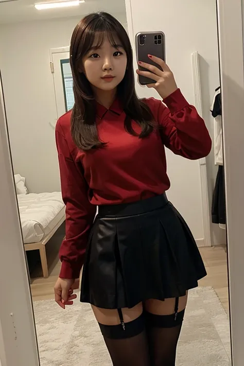 Cute Korean girl wearing a red shirt, short black skirt with stockings. Taking a mirror selfie