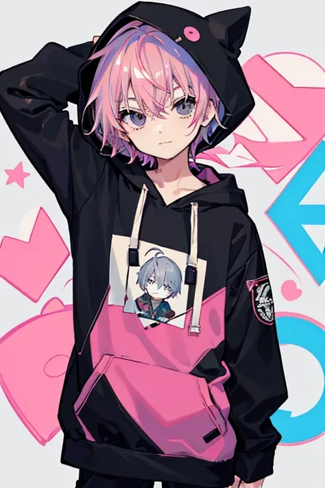 anime,manga,(1boy), solo, hood, black eyes, very short hair, long sleeves, bangs, hood up, pink hoodie, arm up, upper body, multicolored hair, looking at viewer, pink hair, hair between eyes, puffy long sleeves, hoodie, gray hair, drawstring, closed mouth,...