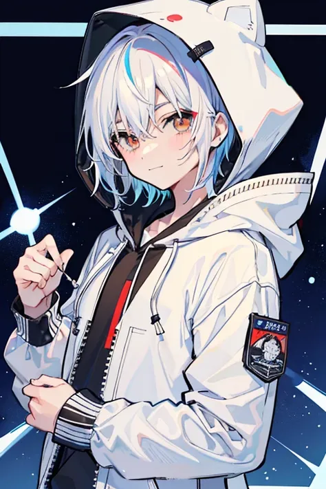 anime,manga,(((1male))), solo, hood, brown eyes, medium hair, long sleeves, bangs, hood up, white hoodie,upper body, multicolored hair, looking at viewer, blue hair, hoodie, puffy sleeves, white hair, drawstring, blush, closed mouth, virtual youtuber, slee...