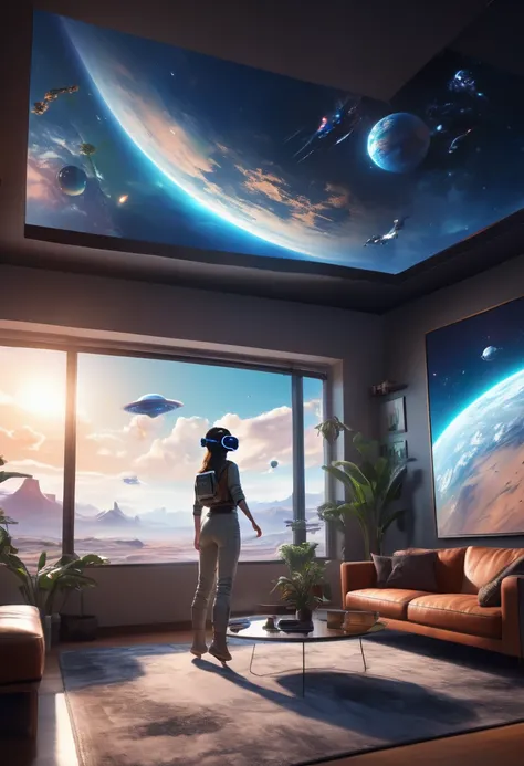 Using advanced virtual reality technology、A female protagonist explores a virtual world in her living room。Using the controller at hand、Flying through the air and experiencing the beautiful scenery of an unknown planet