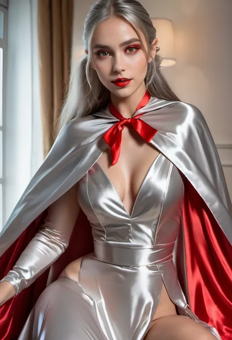 (RAW Photo) , (highly detailed:1.20) , ultra realistic :1.10) ,sexy girl in her 20s , (perfect face:1.20) , (detailed red eyes:1.20) , with long silver hair in ponytail , (((long silver satin cape tied at the neck with a ribbon :1.20))) , naked  , full bod...