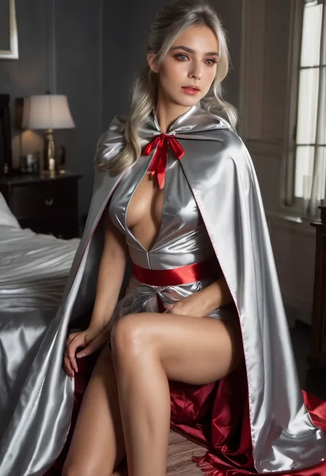 (RAW Photo) , (highly detailed:1.20) , ultra realistic :1.10) ,sexy girl in her 20s , (perfect face:1.20) , (detailed red eyes:1.20) , with long silver hair in ponytail , (((long silver satin cape tied at the neck with a ribbon :1.20))) , naked  , full bod...