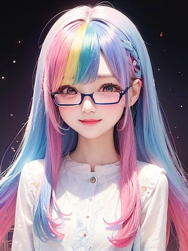 small face、 Super detailed,bright colors, very beautiful detailed anime face and eyes, look straight,  shiny_skin,girl, (((rainbow colored hair, colorful hair, Half blue、half pink hair: 1.2))), 、shiny hair, delicate beautiful face, blush、Glasses、(turquoise...