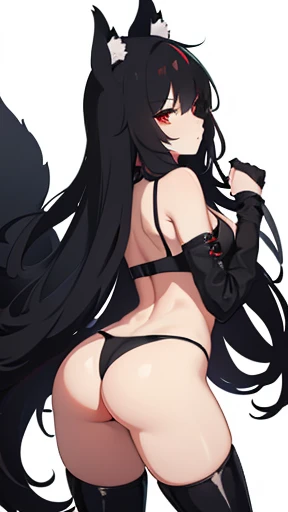 black fox girl , red eyes , long hair , there is a fluffy black tail on the butt , black bra , black underwear , black boots , back