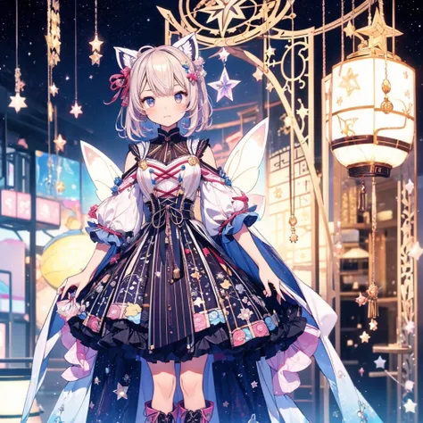 1girl、vtuber-fullbody、Star Fairy、masterpiece、official art、Super detailed、super beautiful、かわいいStar Fairy、white straight short hair、Milky Way、universe、star charm、star、baby face、Knee-high boots、Japanese pattern dress、着物をリメイクしたOiranフリルゴスロリ、universeを表現したMilky W...