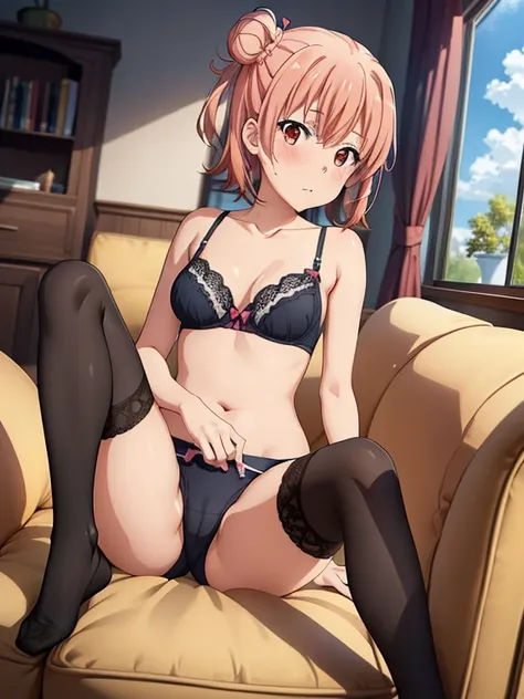 ((masutepiece, Best Quality, hight resolution, nffsw, Perfect Pixel, depth of fields, 4K, )), 1girl in, Solo, , Beautiful anime girl, Beautiful Art Style, 
sitting on sofa:1.3, livingroom background, Looking at viewer. 
Perfect body, discusced face, pink l...