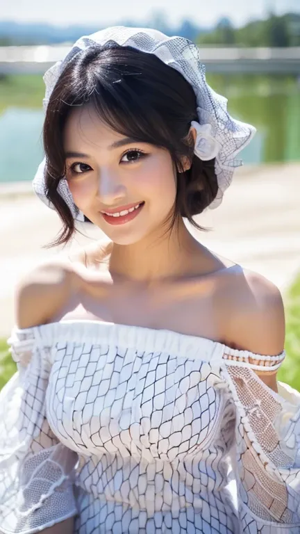 highest quality, realistic, 8K, High resolution, 1 girl, woman, (professional lighting), (portrait:0.6), (White net off-shoulder dress:1.72), nice, black hair, (short hair:1.2), (1 girl eyes looking at the viewer:1.4), ((looking at the viewer:1.6)), (look ...