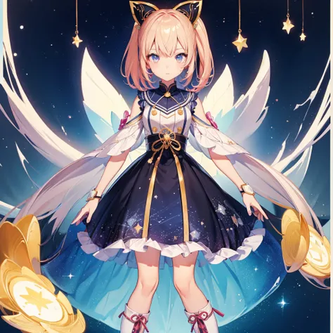 1girl、vtuber-fullbody、Star Fairy、masterpiece、official art、Super detailed、super beautiful、かわいいStar Fairy、white straight short hair、Milky Way、universe、star charm、star、baby face、Knee-high boots、Japanese pattern dress、着物をリメイクしたOiranフリルゴスロリ、universeを表現したMilky W...