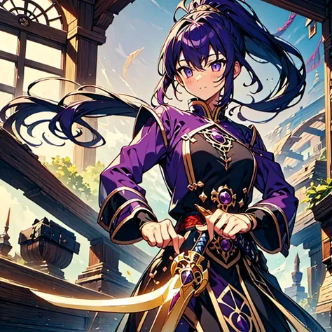 highest quality,(highest quality)),((table top)),((perfect face)),(background blur),1 girl,purple eyes,purple hair,swordsman,Holy sword,ponytail,Brave,sword,small breasts,fantasy,wonderful,adventure