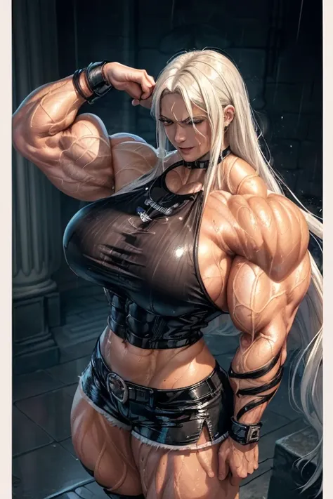 (((((Massive, tall, beautiful, buff, wet, light brown skinned muscular woman with wet white hair, white aura, ginormous bulky muscles and wearing a black cropped gothic top with black shorts))))), close view, (black lipstick), massive muscle, massive bicep...