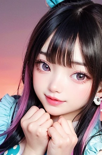 small face、 Super detailed,明るいcolor, very beautiful detailed anime face and eyes, look straight, shiny_skin,girl, (((虹colorの髪, colorful hair, Half black、half pink hair: 1.2))) 、forehead is exposed.、green eyes、、shiny hair, delicate beautiful face, blush、Gla...