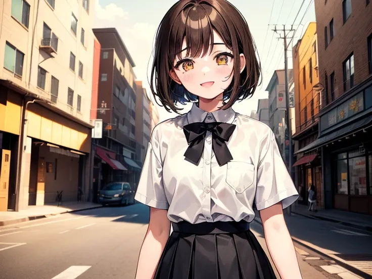 ((((Happy face)))),(((Long shot, taken from the front, 1 girl, white , black skirt, short bob, brown hair, golden eyes, 14 years old, short height, city girl))), ((On the way home from school)), ((Uniform)), (Masterpiece), (High resolution), (Top quality),...