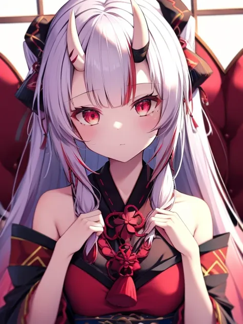 best quality, intricate details,1girl, nakiri ayame, oni horns, multicolor hair, long hair, red eyes, white hair, ini