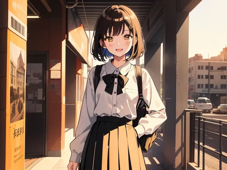 ((((Happy face)))),(((Long shot, taken from the front, 1 girl, white , black skirt, short bob, brown hair, golden eyes, 14 years old, short height, city girl))), ((On the way home from school)), ((Uniform)), (Masterpiece), (High resolution), (Top quality),...