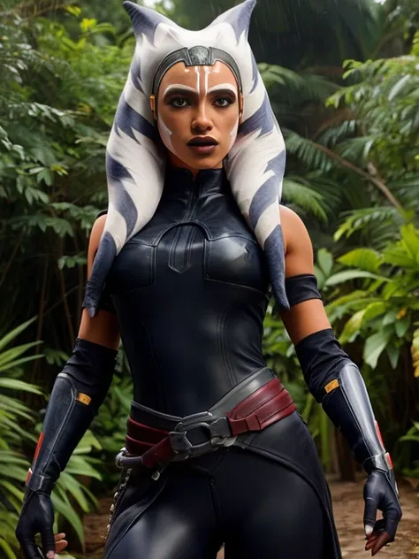 ahsoka, helmet with red visor, cape, armor,black gloves,tight bodysuit,black cape,black pants, BREAK close-up, solo, standing, front view, medium breasts, hands on hips, wide hips, BREAK x3dce, 3d, jungle background, dense vegetation, rain, night, night sk...