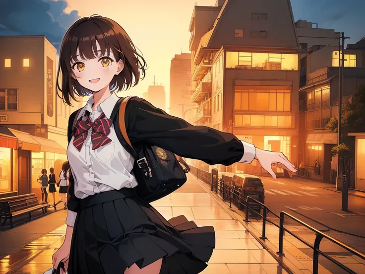 ((((Happy face)))),(((Long shot, taken from the front, 1 girl, white , black skirt, short bob, brown hair, golden eyes, 14 years old, short height, city girl))), ((On the way home from school)), ((Uniform)), (Masterpiece), (High resolution), (Top quality),...